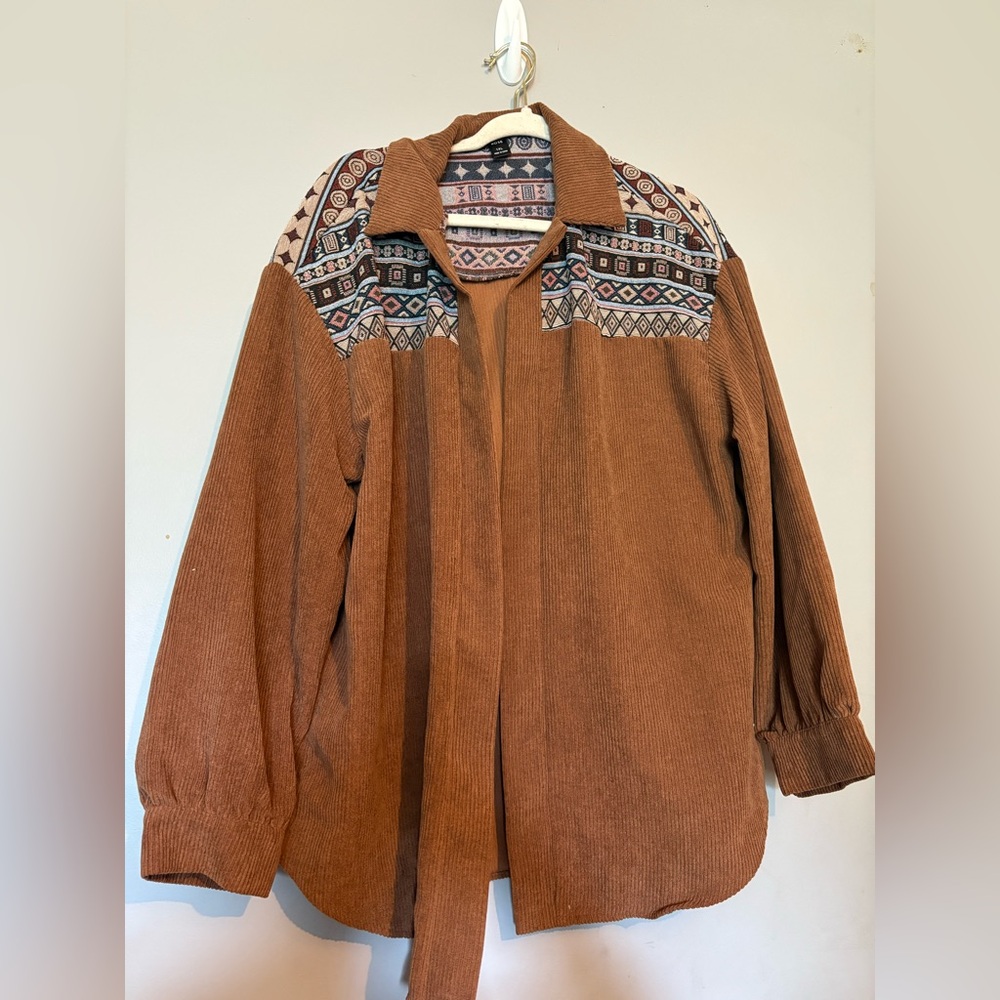 SHEIN Brown Corduroy Jacket with Geometric Yoke